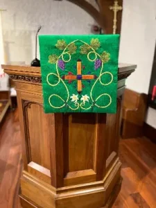 Handmade custom fall with grapes and lilies, inspired by the original kneelers in the church
