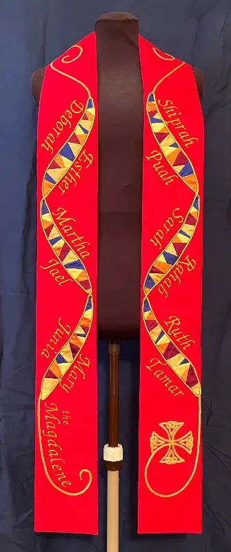Matriarch stole number 2, with a slightly more curving design but similar gold embroidery on red silk