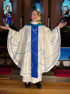 The front of the chasuble highlights the dove embroidery