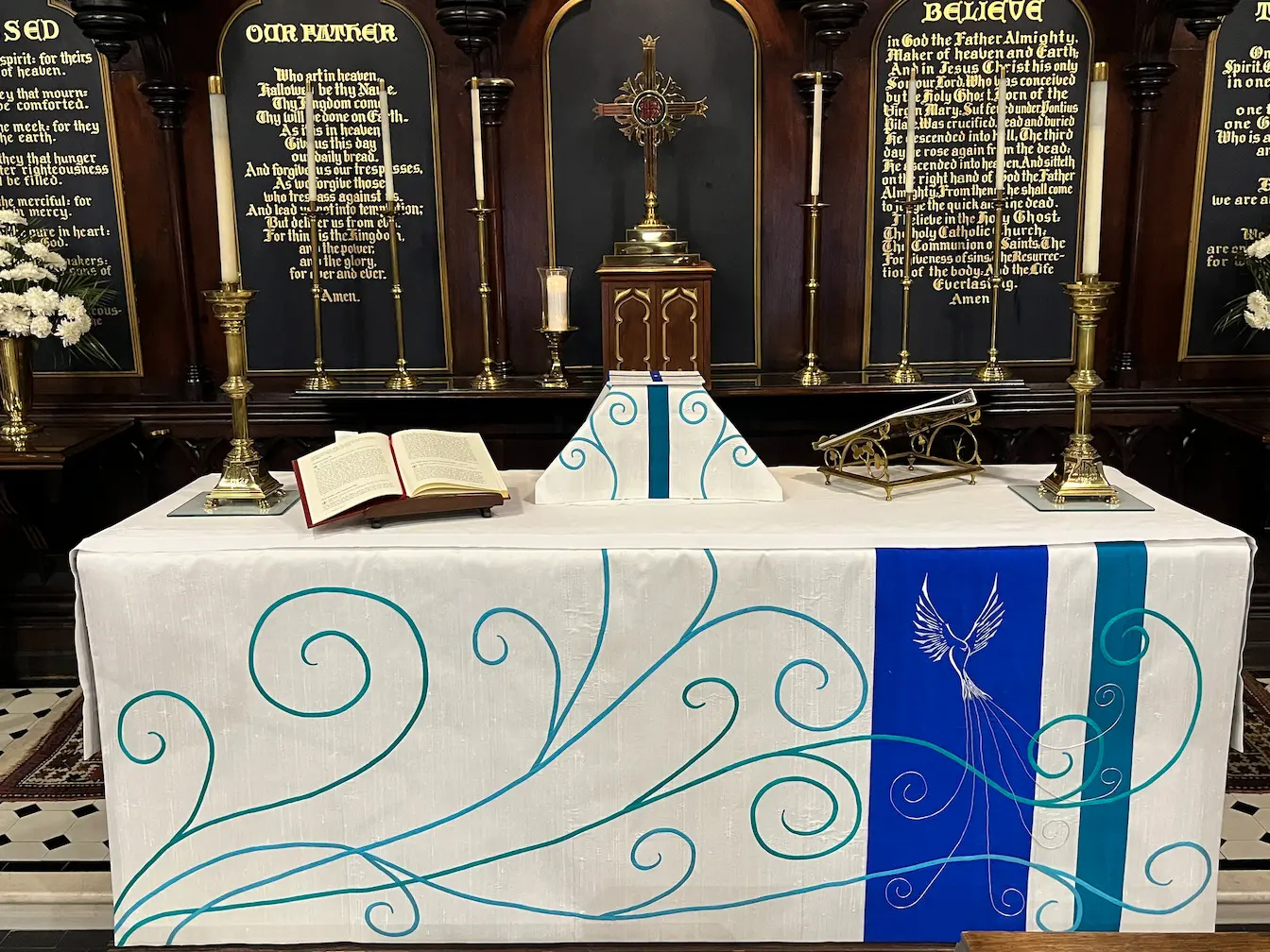 The full altar at St James in New London, Ct, with custom paraments handmade by Christina