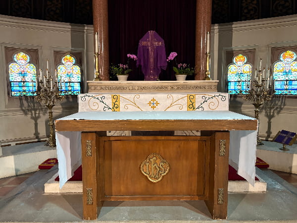 full altar with handmade frontal at St. Stephen's in Lynn
