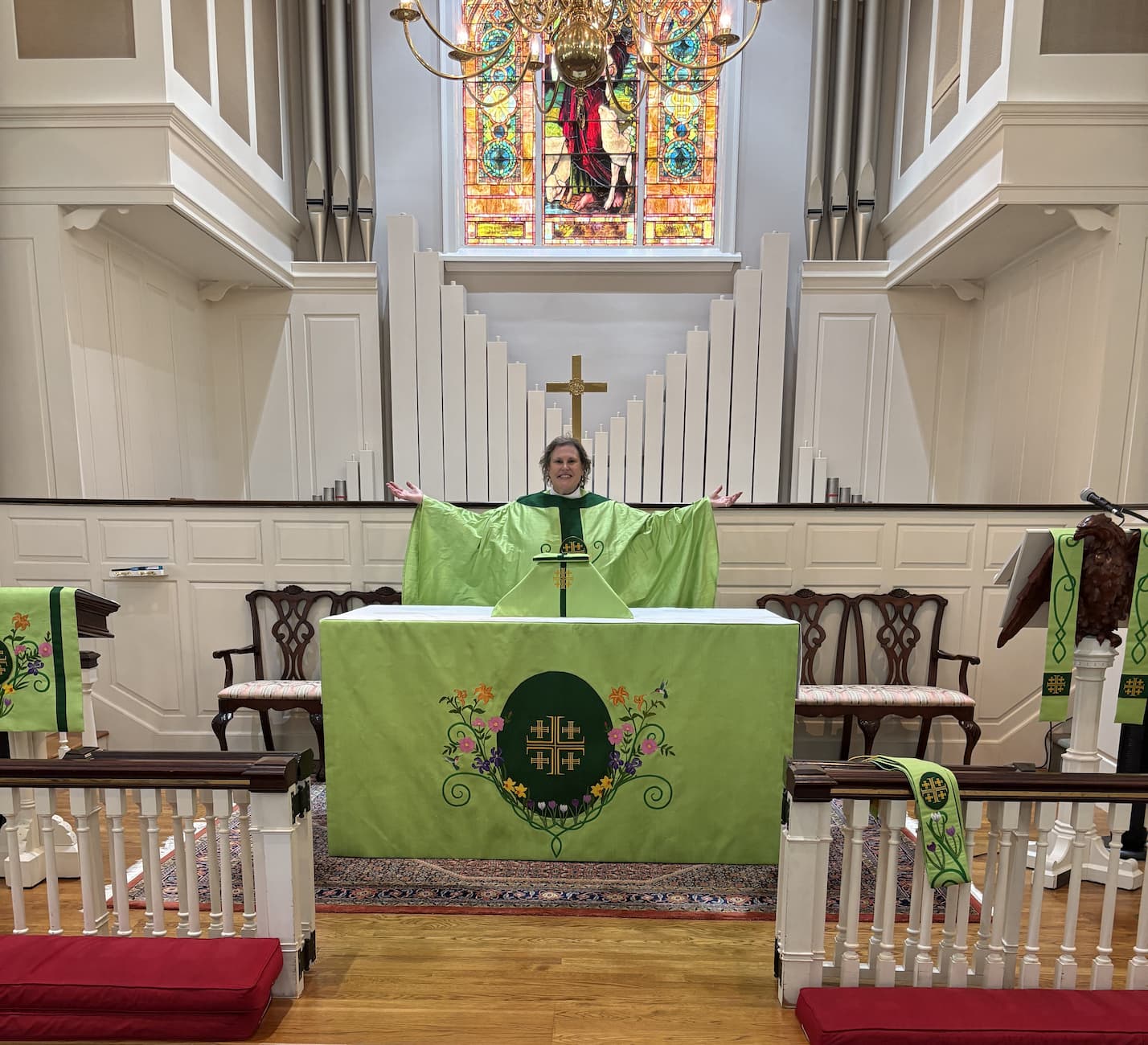 The full installation at St. Andrew's, Hanover, MA, in vibrant green inspired by the windows.
