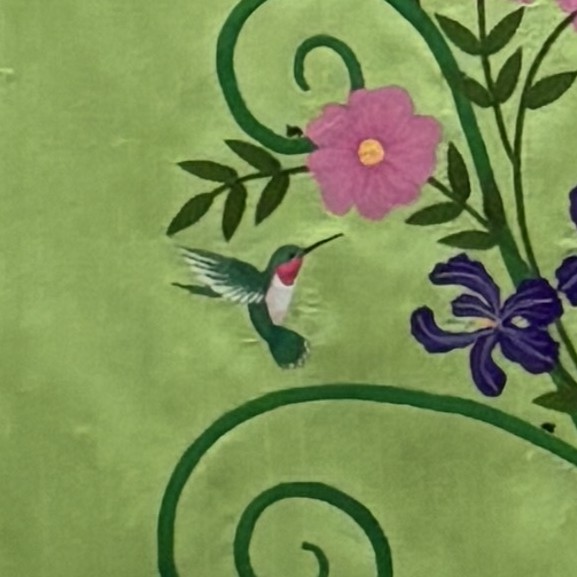 embroidered hummingbird and flower detail on bespoke altar frontal for St. Andrew's Church