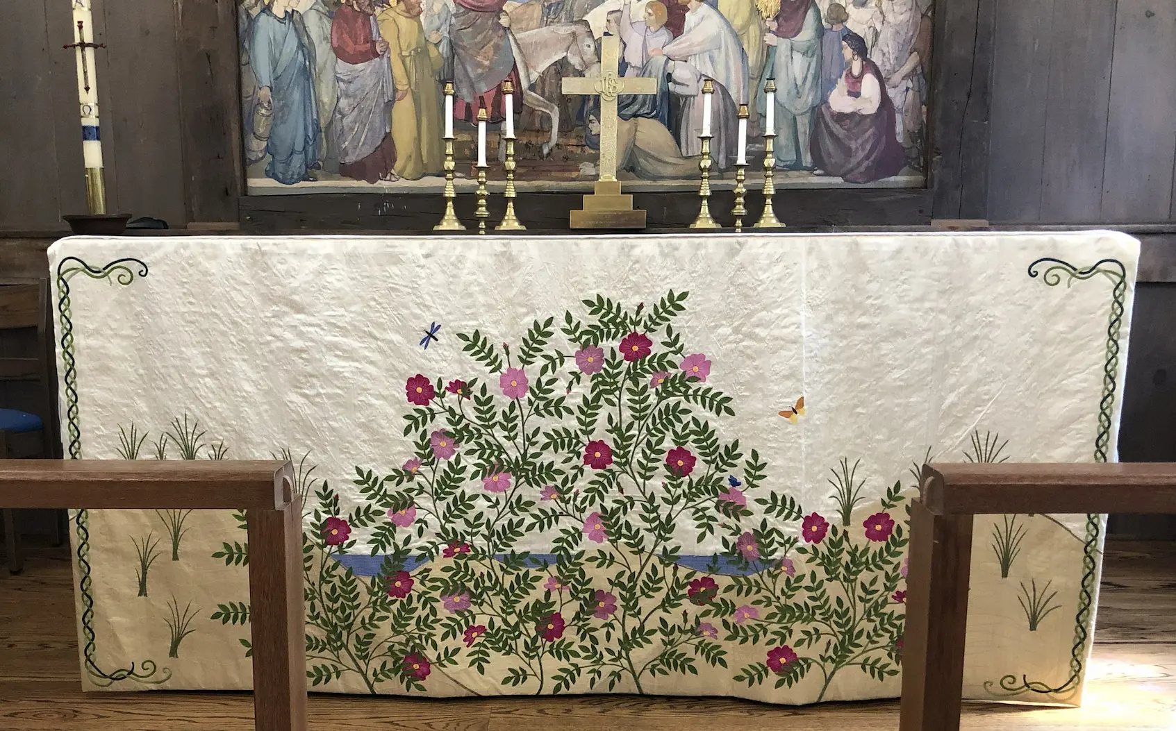 altar frontal with embroidered floral design for St. Mary's Church in Provincetown