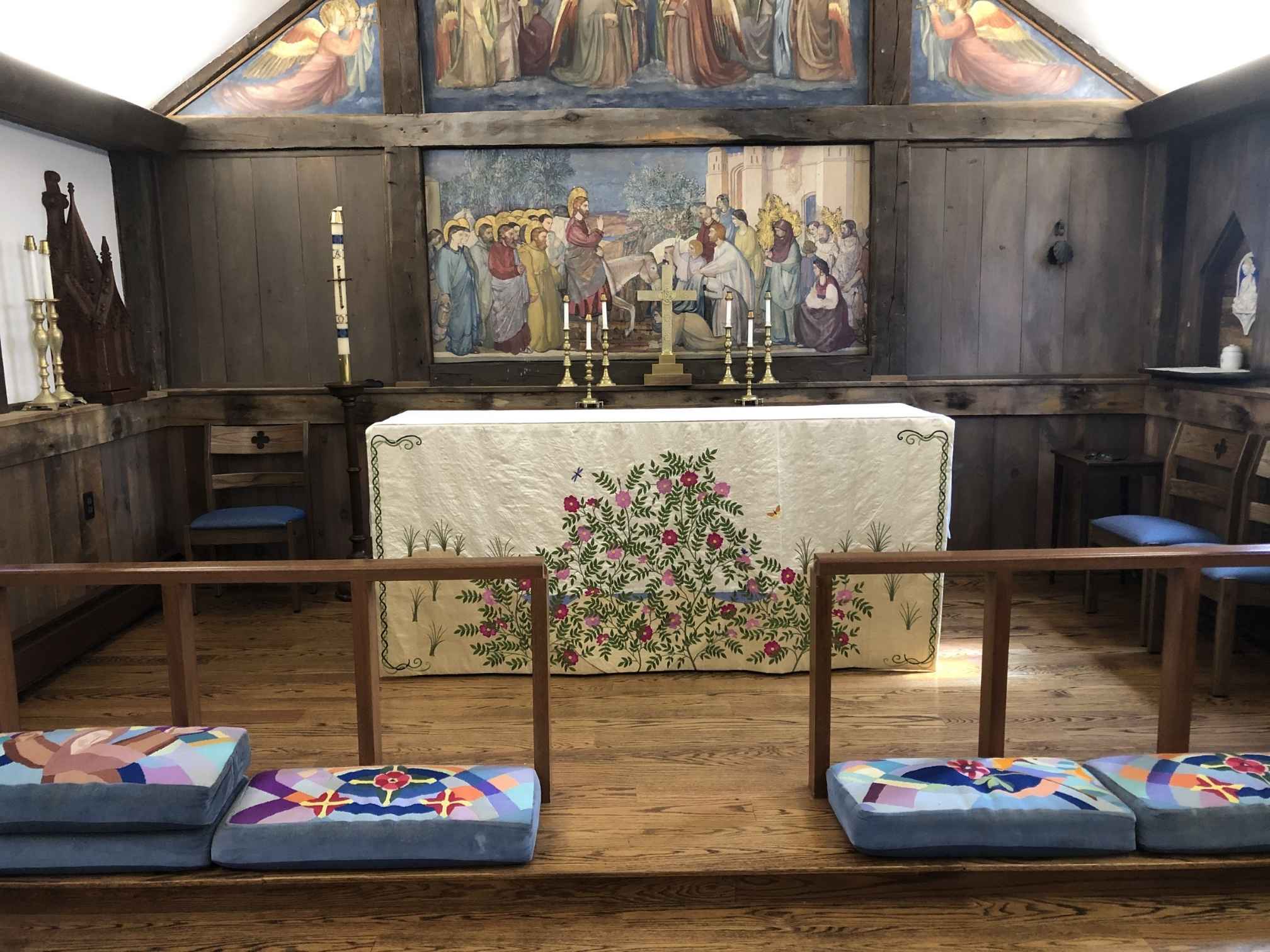 The custom altar cloth coordinates beautifully with the natural wood chancel at St. Mary's in Provincetown