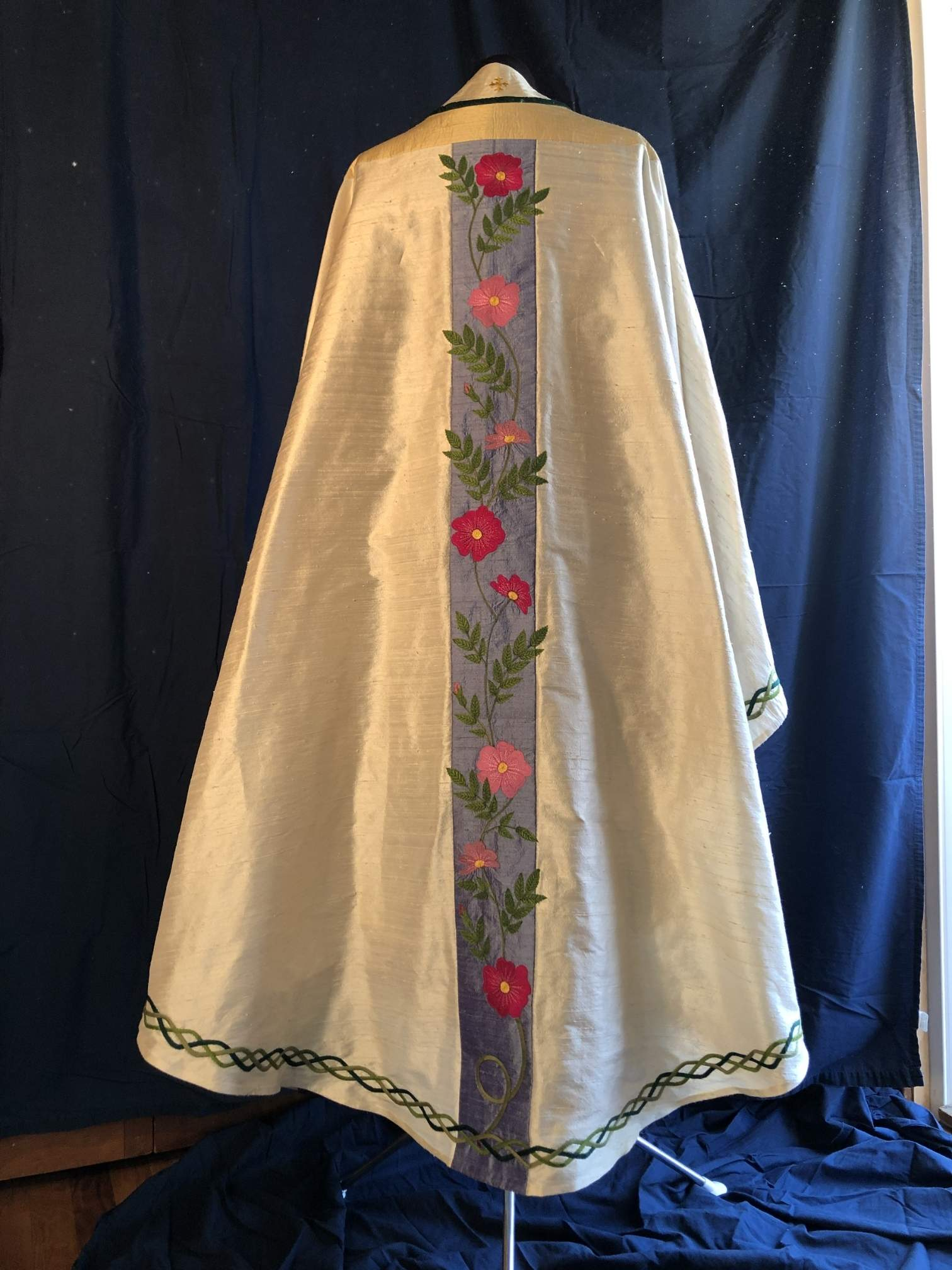 The back of the custom chasuble created for St. Mary's in Provincetown. It highlights beach roses that were the inspiration of the installation