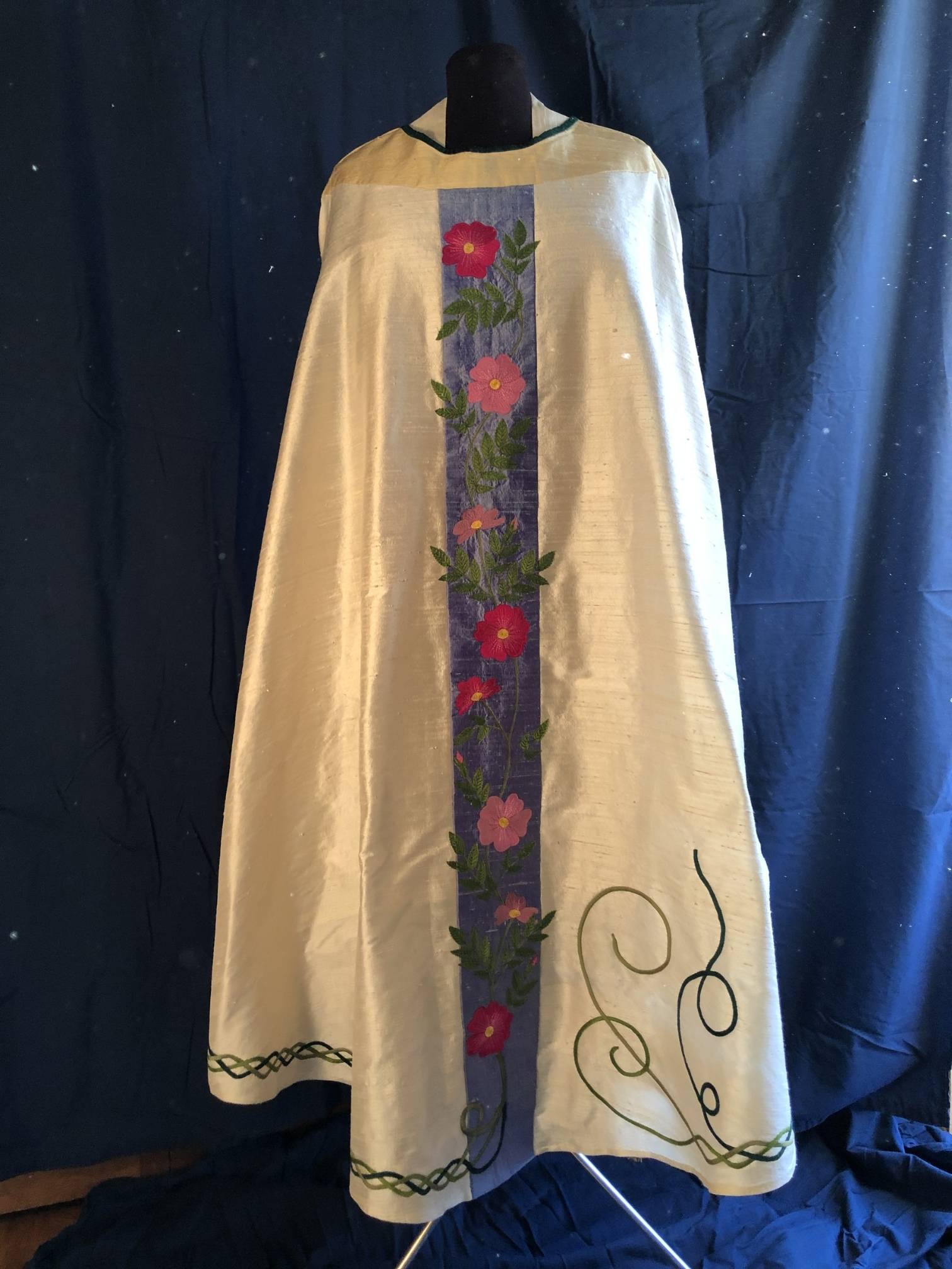 Handmade chasuble front with scrolls and beach roses