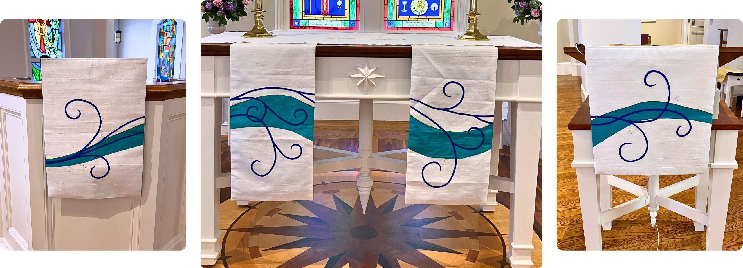 altar paraments with blue scroll design in church sanctuary
