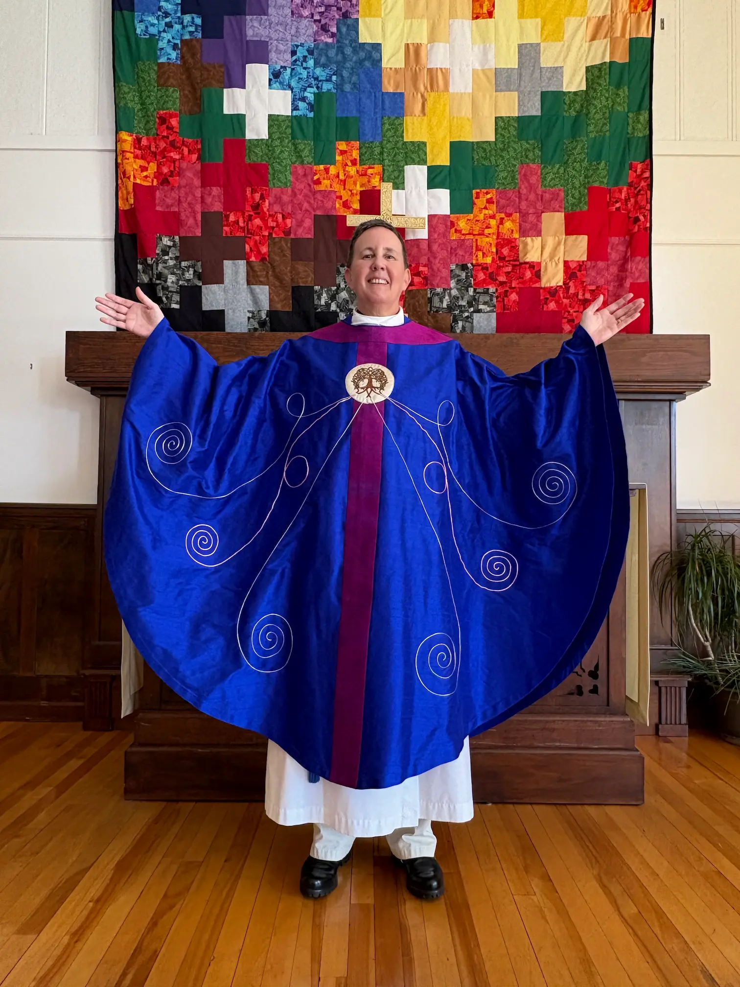 Bespoke chasuble with jesse tree and silver and rose couching, to coordinate to the paraments of the church in Sutton