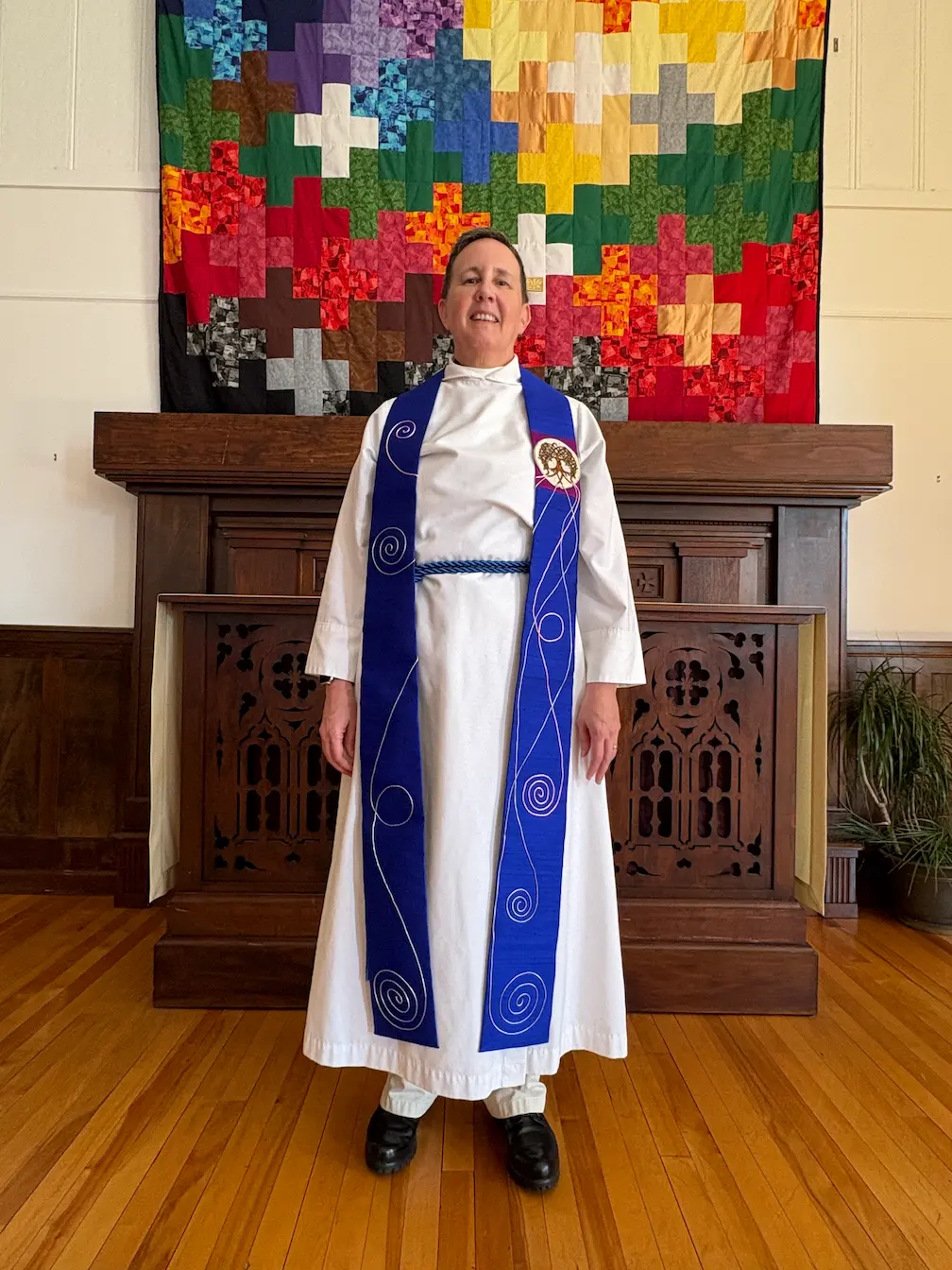 handmade clergy stole with liturgical design inspired by the window colors