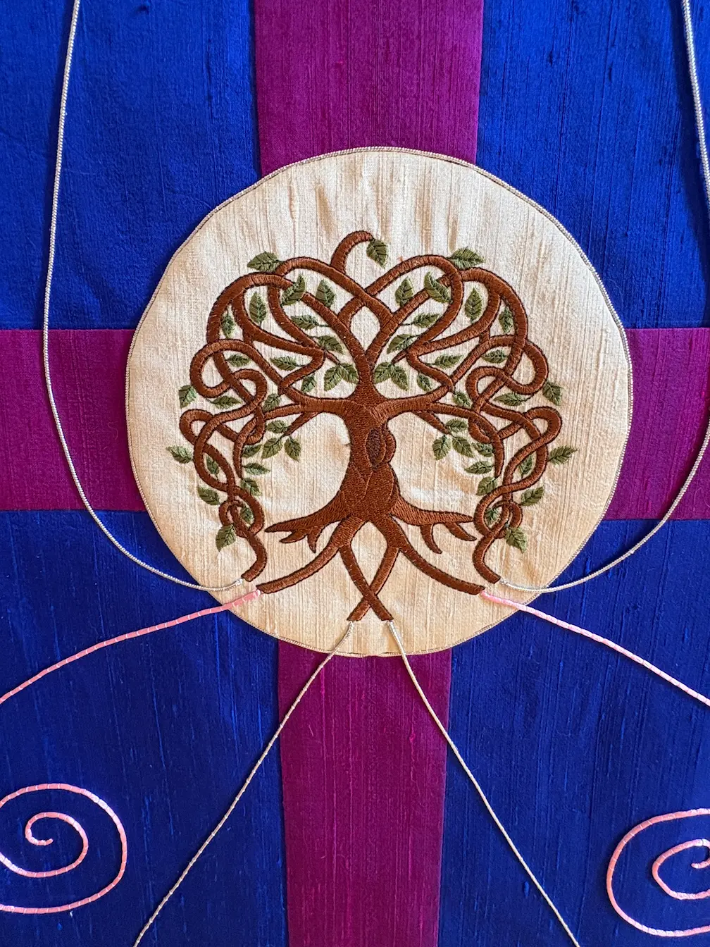 Detail of the Jesse tree on this full y custom parament and vestment installation at Church of the Holy Spirit
