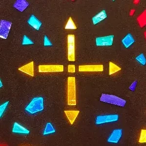 detail of the stained glass window from which the cross motif was used, throughout the installation
