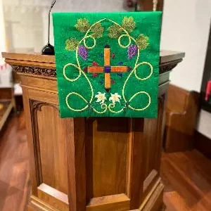 Handmade custom fall with grapes and lilies, inspired by the original kneelers in the church