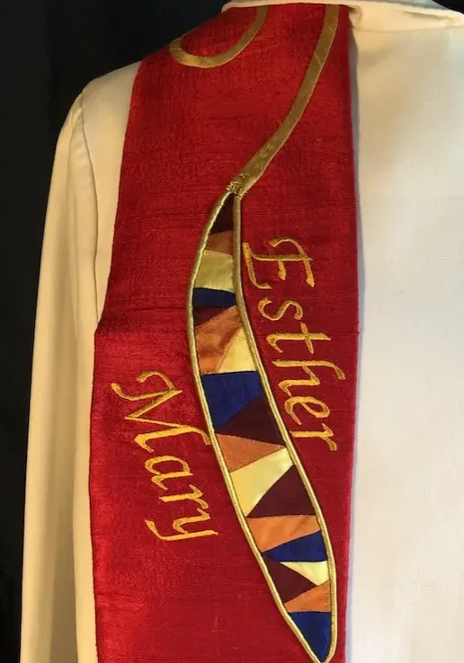 red clergy matriarch stole detail with goldwork names embroidery