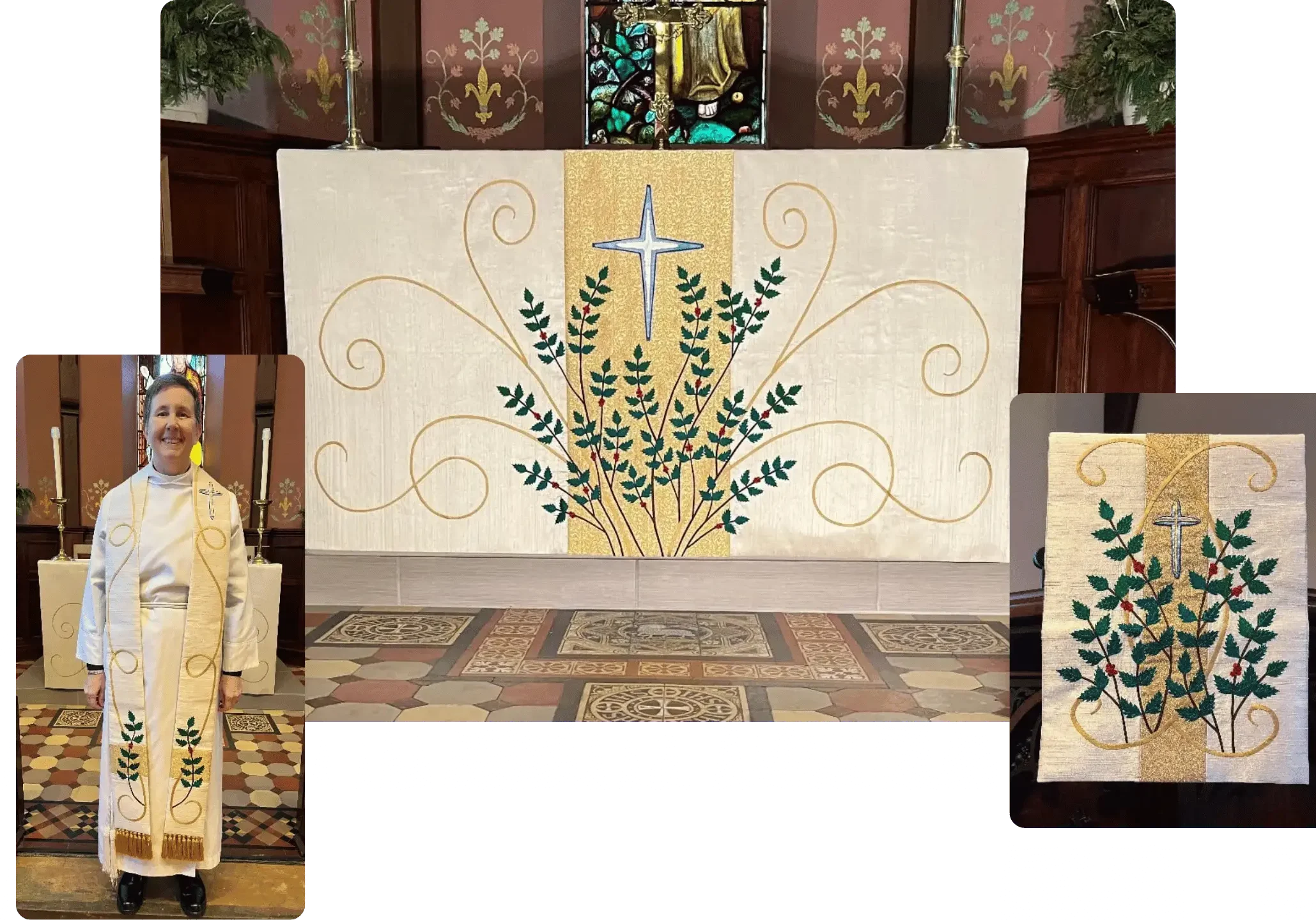 The Quincy Christmas altar cloth, pulpit fall, and stole, all cream with appliqued holly and gold swirls