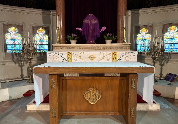 full altar with handmade frontal at St. Stephen's in Lynn