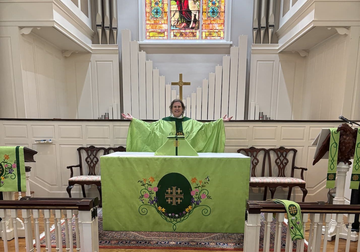 The full installation at St. Andrew's, Hanover, MA, in vibrant green inspired by the windows.