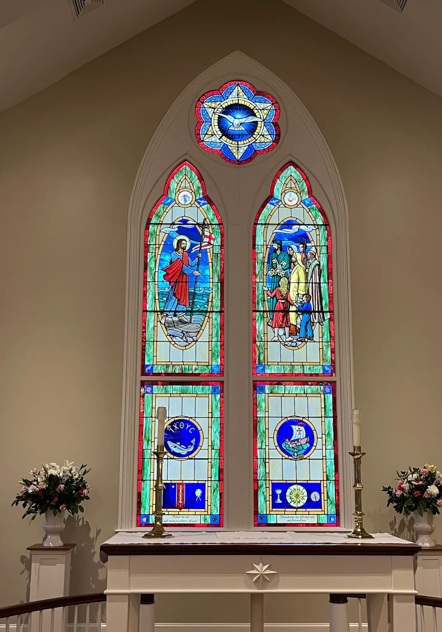 stained glass windows in St. Christopher's church, that inspired the parament design