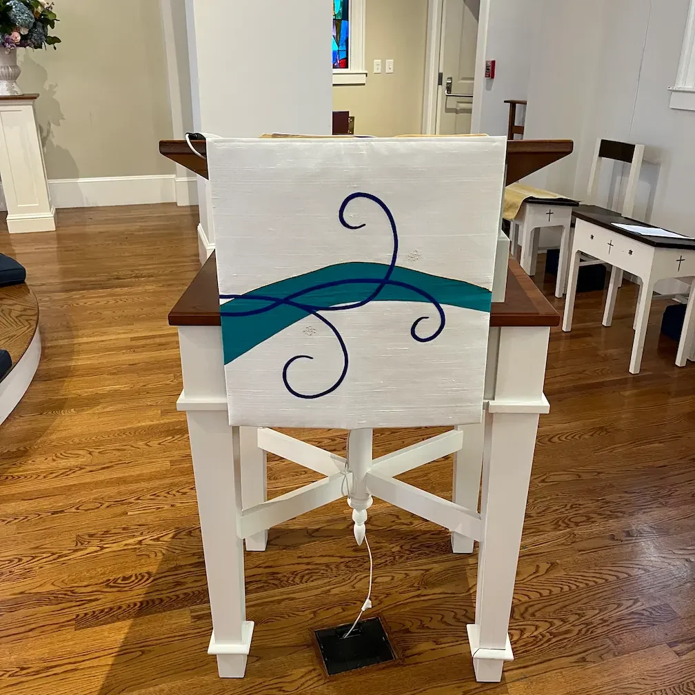 lectern fall with blue scroll applique in St. Christophers, Chatham, MA
