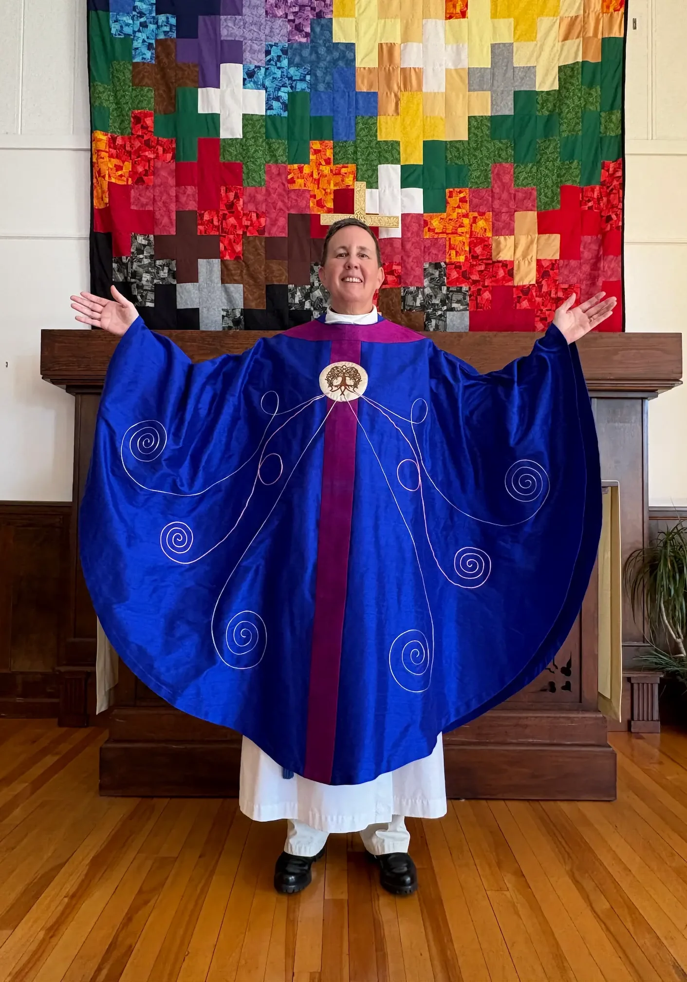 Bespoke chasuble with jesse tree and silver and rose couching, to coordinate to the paraments of the church in Sutton
