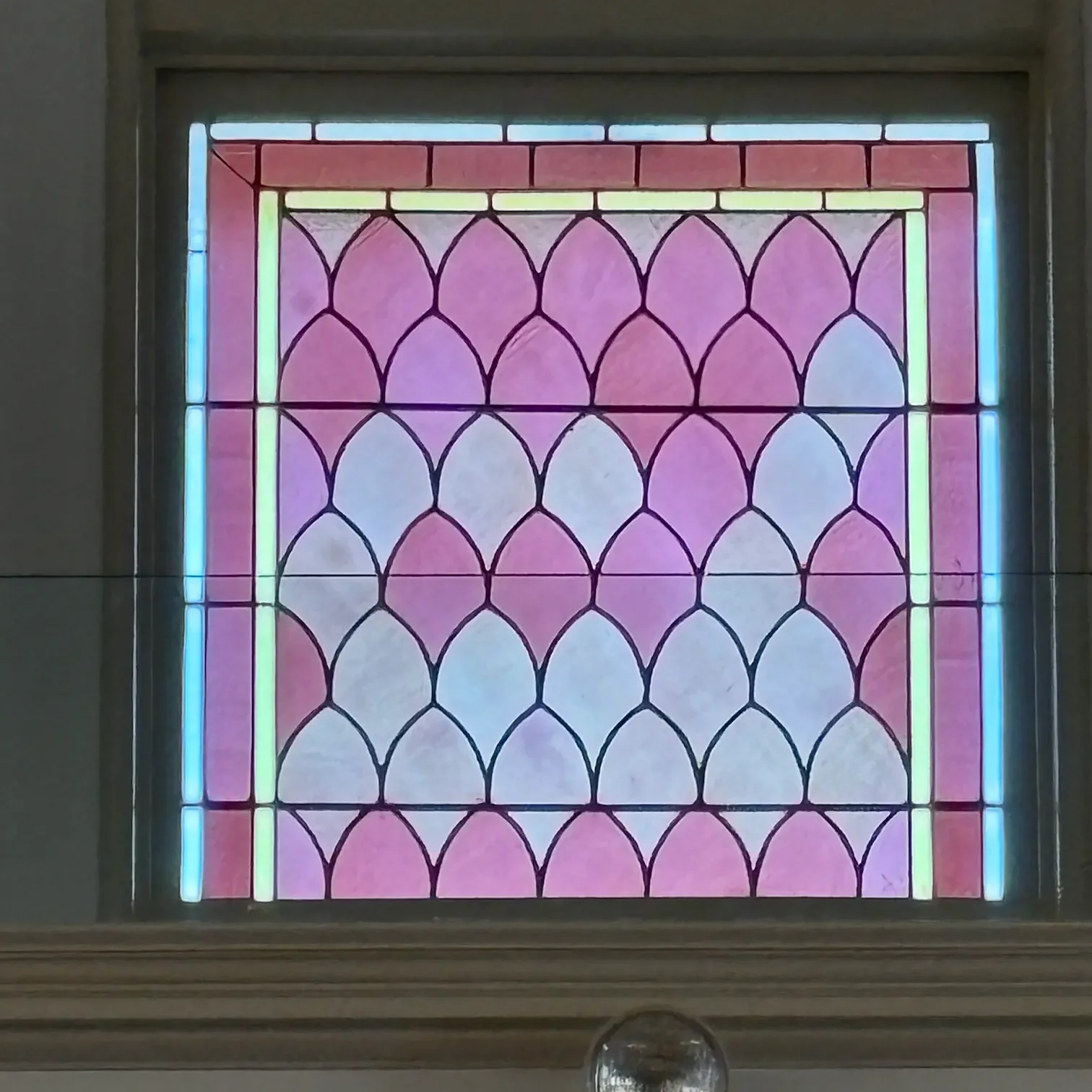 Window details from Church of the Holy Spirit in Sutton, MA. The color inspired the pink and rose couching